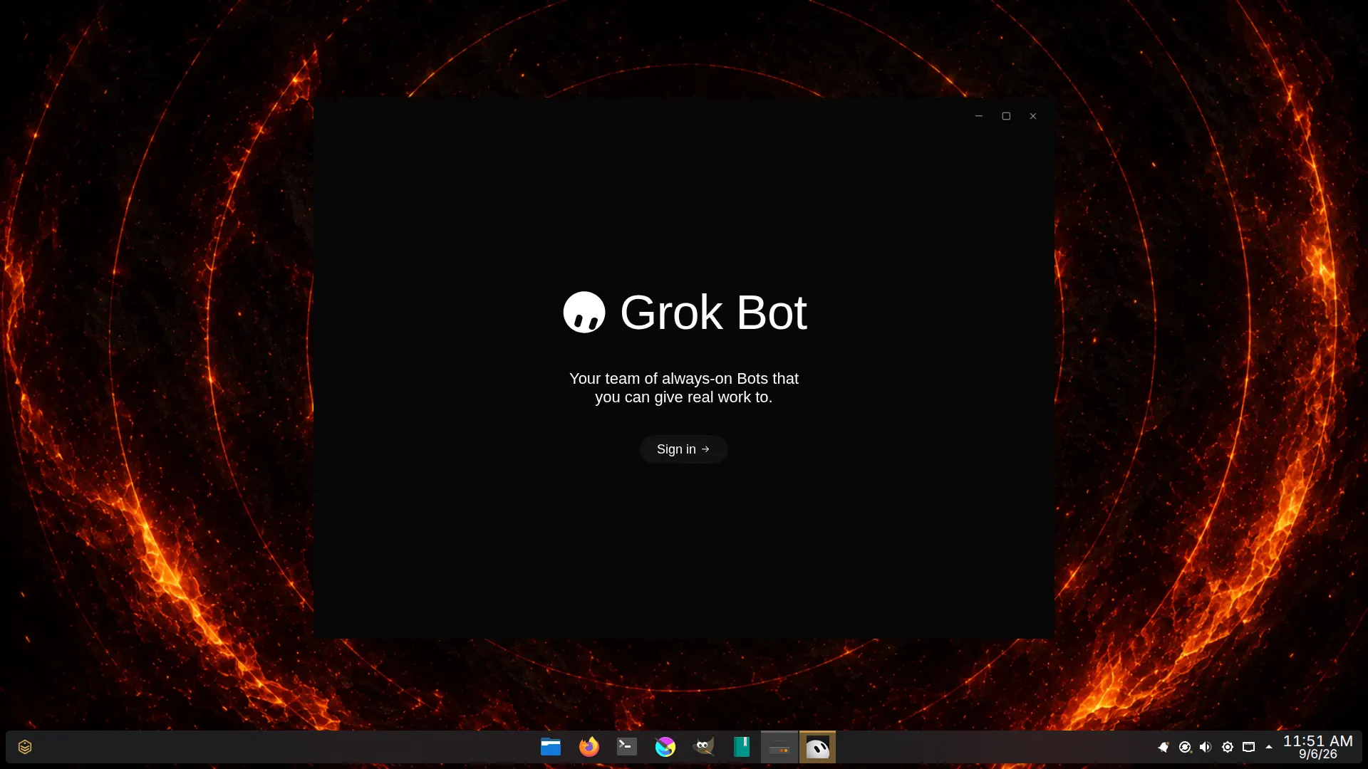 Official Grok Bot desktop sign-in screen. Grok Bot ships featured in Shadowfetch Linux 4.1; internet and an eligible vendor account are required.