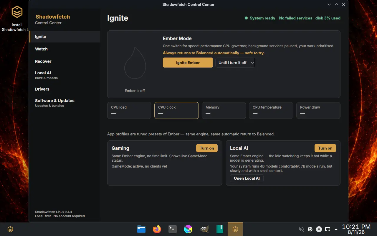 Shadowfetch Control Center Ignite page showing Ember Mode, system status, live resource tiles, and gaming and local AI performance profiles