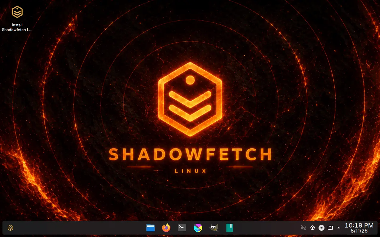 Shadowfetch Linux 2.1.4 running KDE Plasma 6 with the Umbra fire wallpaper