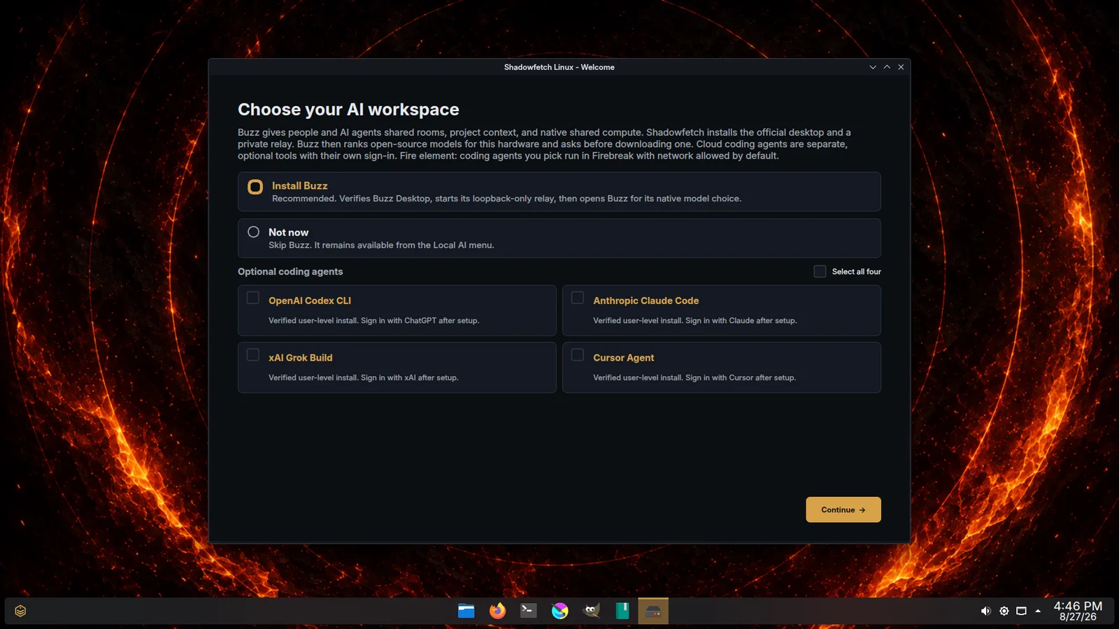 Shadowfetch Linux 3.5.0 optional AI and coding-agent page listing Buzz, OpenAI Codex CLI, Anthropic Claude Code, xAI Grok Build, and Cursor Agent