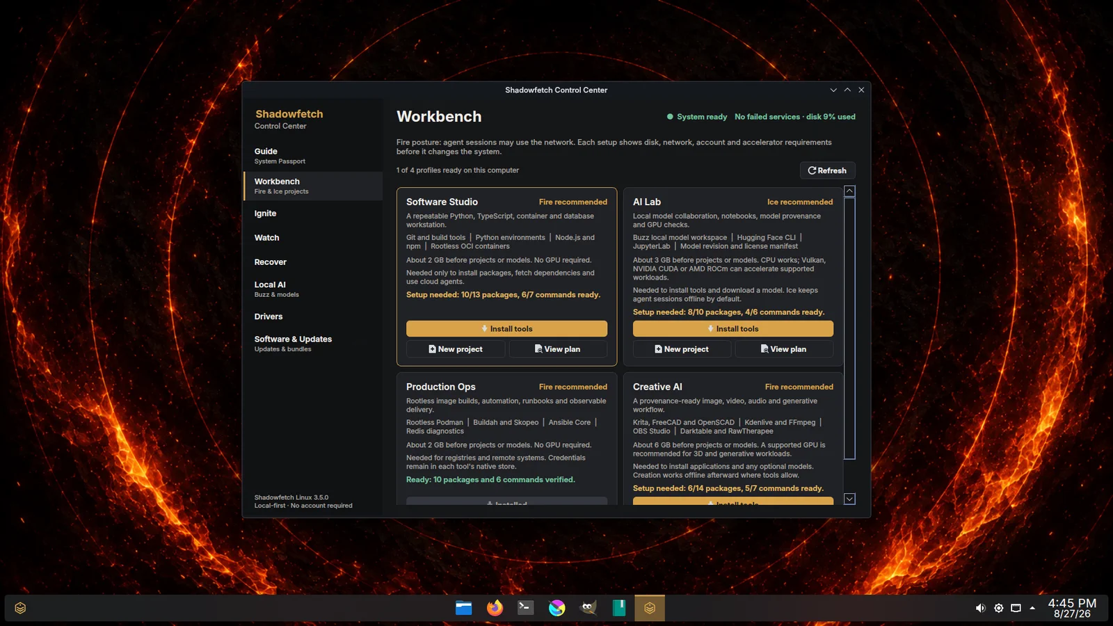 Element Workbench on Shadowfetch Linux 3.5.0 Fire showing Software Studio, AI Lab, Production Ops, and Creative AI with consequence summaries and Create project actions