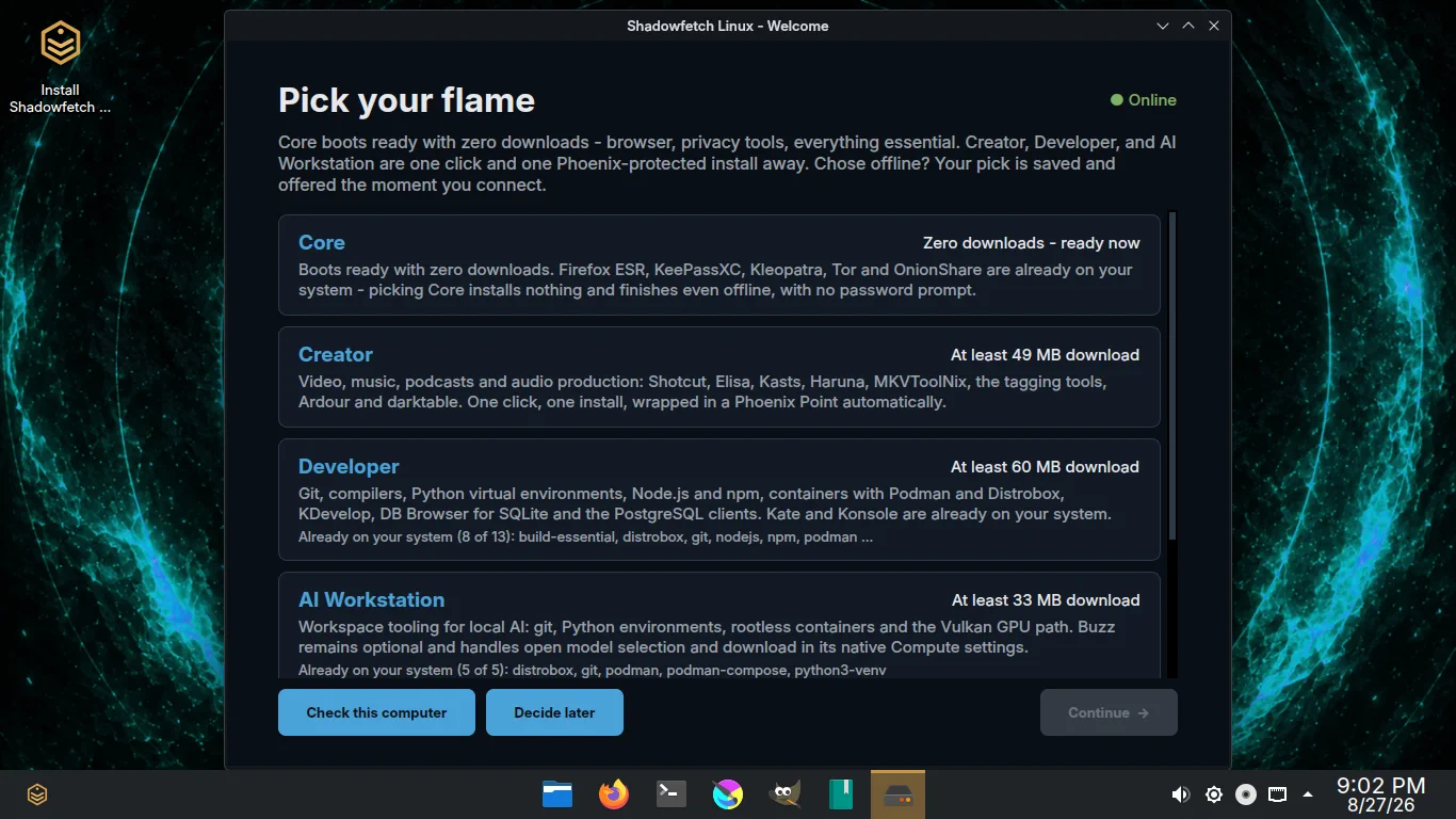 Shadowfetch Linux 3.5.0 Welcome screen on Ice with the heading Pick your flame and the Fire and Ice choice visible