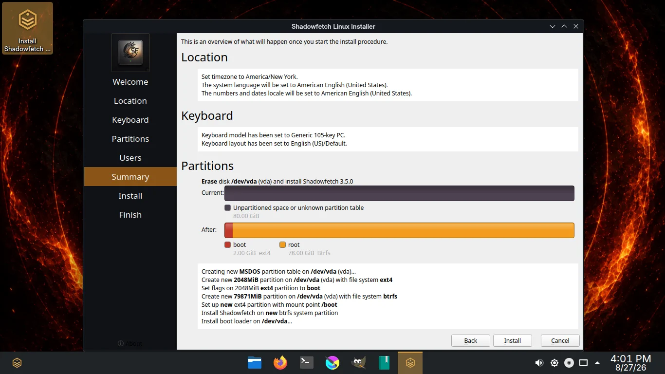Shadowfetch Linux 3.5.0 Calamares summary showing the selected Fire installation, partition plan, locale, keyboard, user, and bootloader before installation