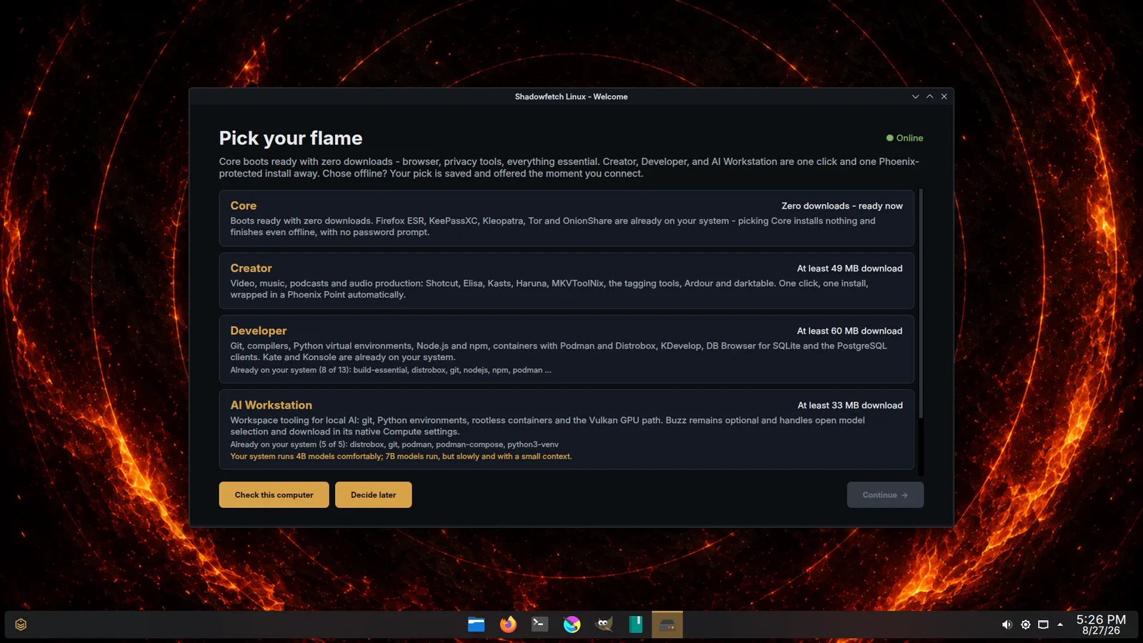 Shadowfetch Linux 3.5.0 Fire Welcome screen still responsive more than 36 minutes into the concurrent release stress test