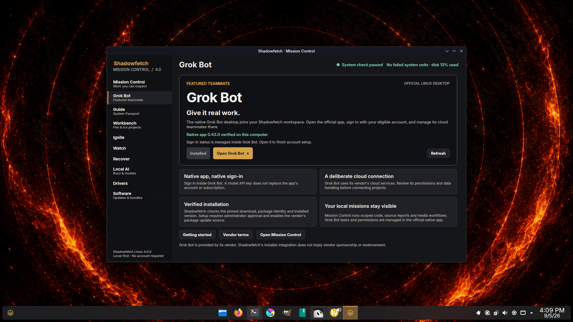 Featured Grok Bot at startup. For the first time in Shadowfetch Linux, choose Grok Bot at startup. Account and internet required.