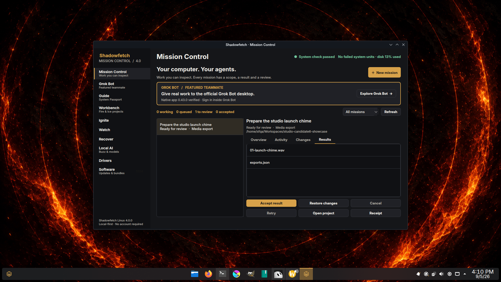 Mission Control. Mission Control on Shadowfetch Linux 4.0. Request, execution and review stay on one desktop.