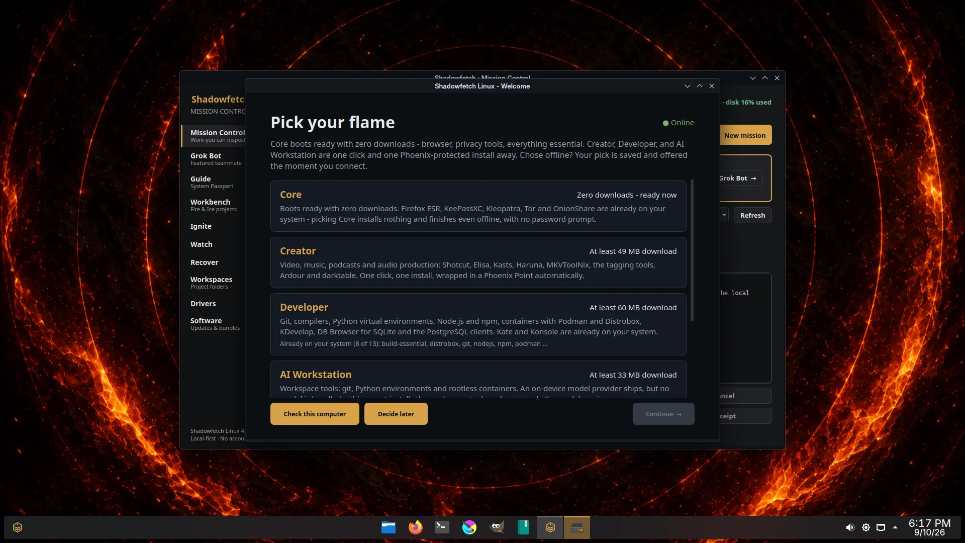 Fire desktop first-run setup on Shadowfetch Linux 4.1.