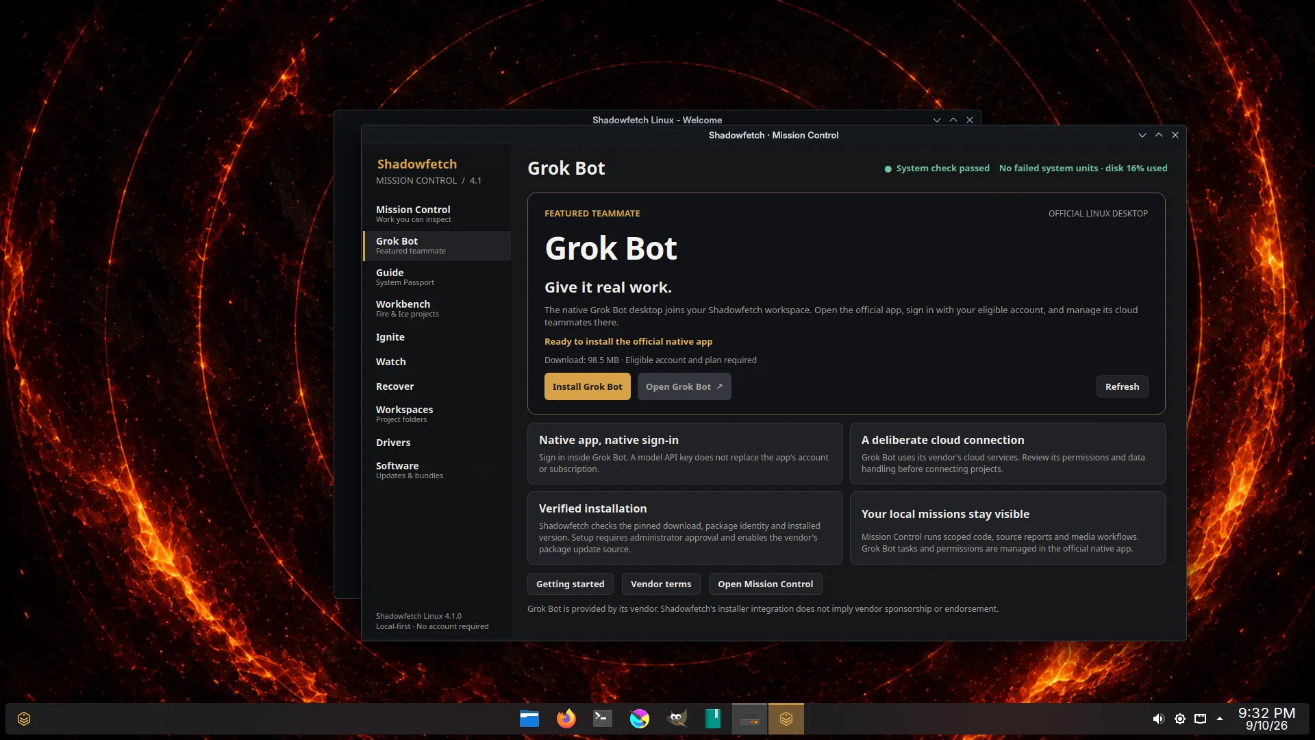 Grok Bot page in Mission Control on Shadowfetch Linux 4.1, the featured native teammate with a verified install flow.