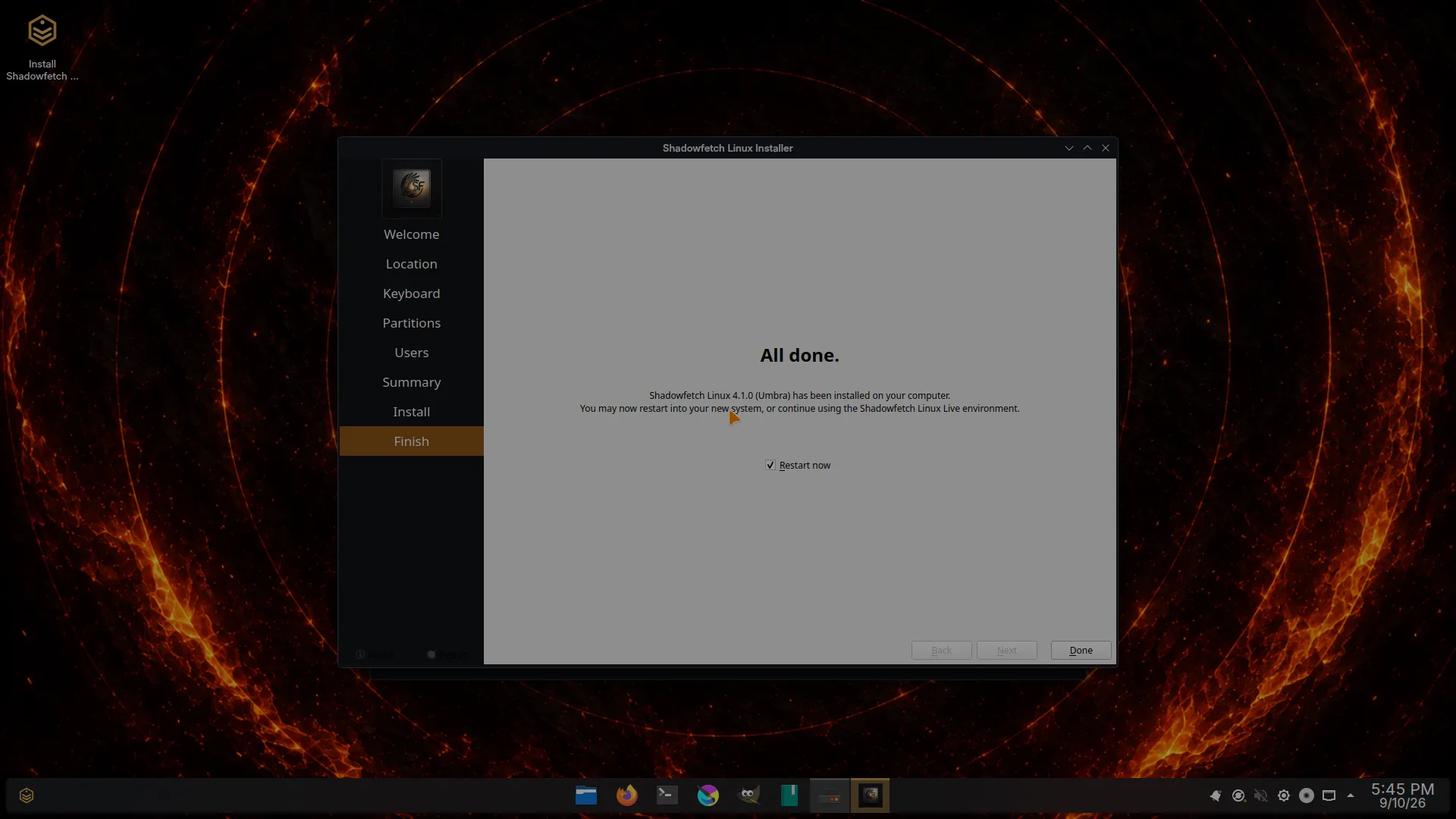 Guided installation complete on Shadowfetch Linux 4.1.