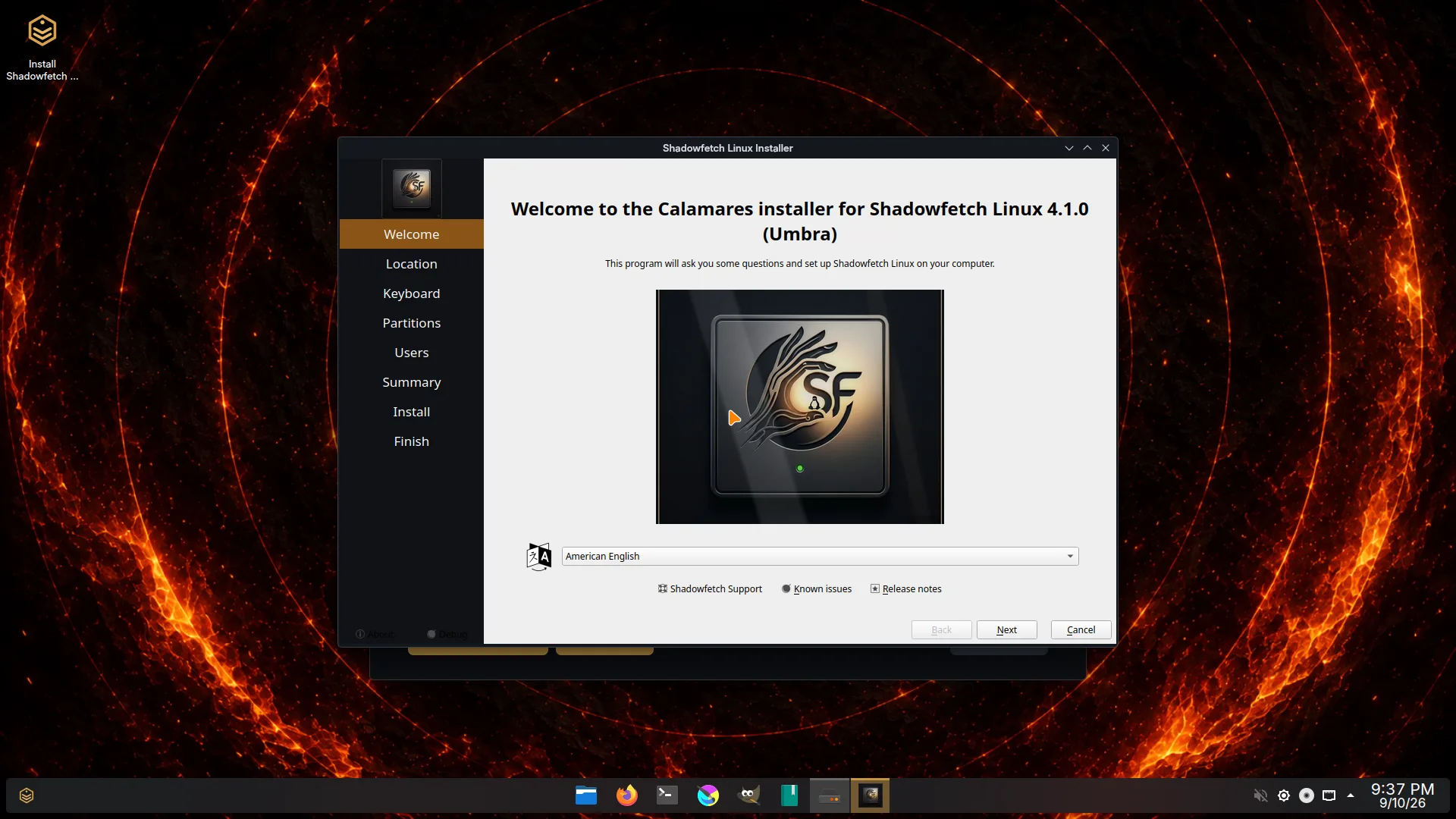 Calamares installer on Shadowfetch Linux 4.1.