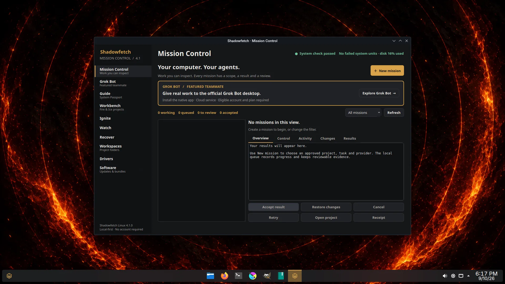Mission Control on Shadowfetch Linux 4.1. Request, execution and review stay on one desktop.