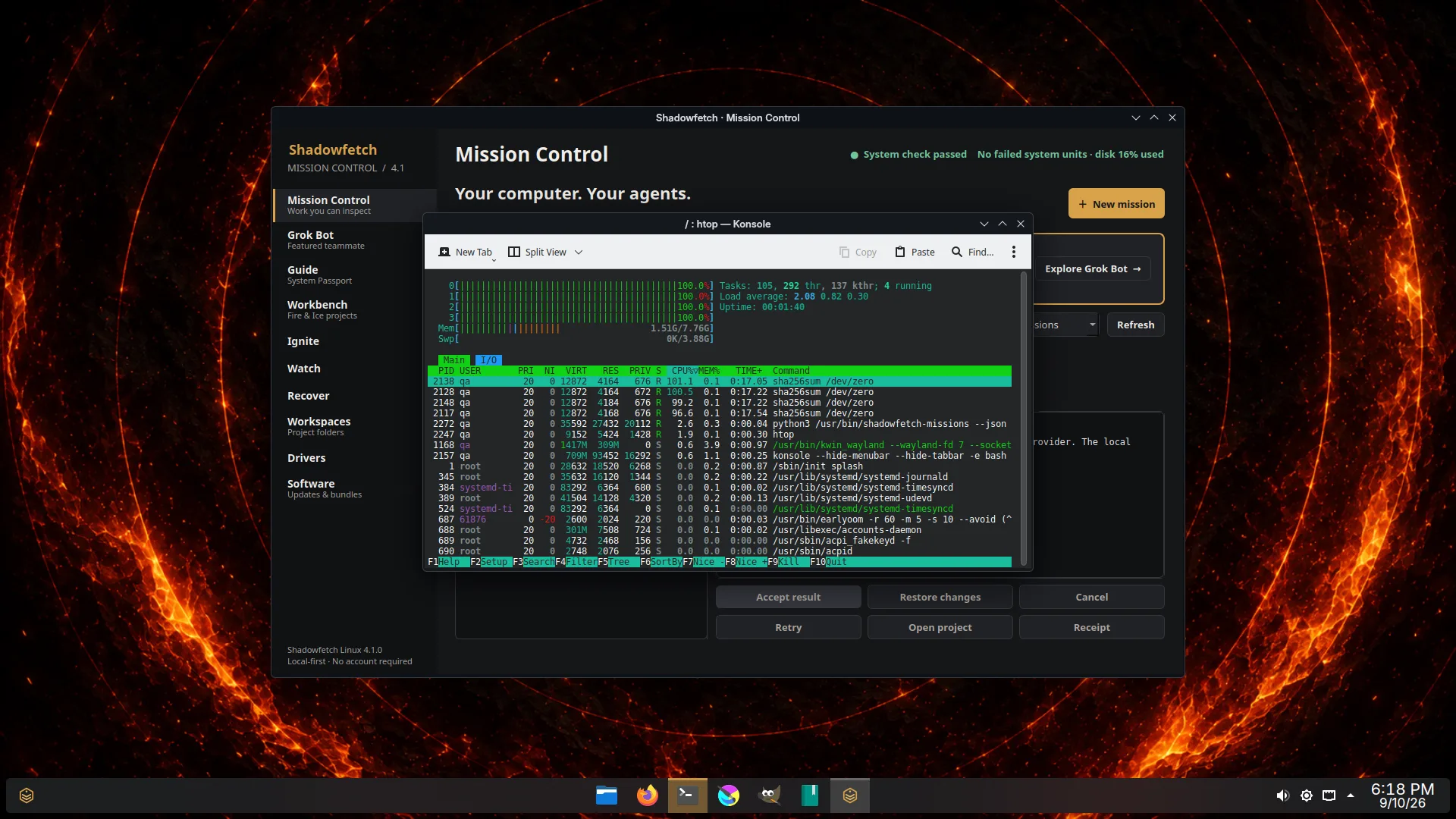 Shadowfetch Linux 4.1 desktop staying responsive with all CPU cores under load.