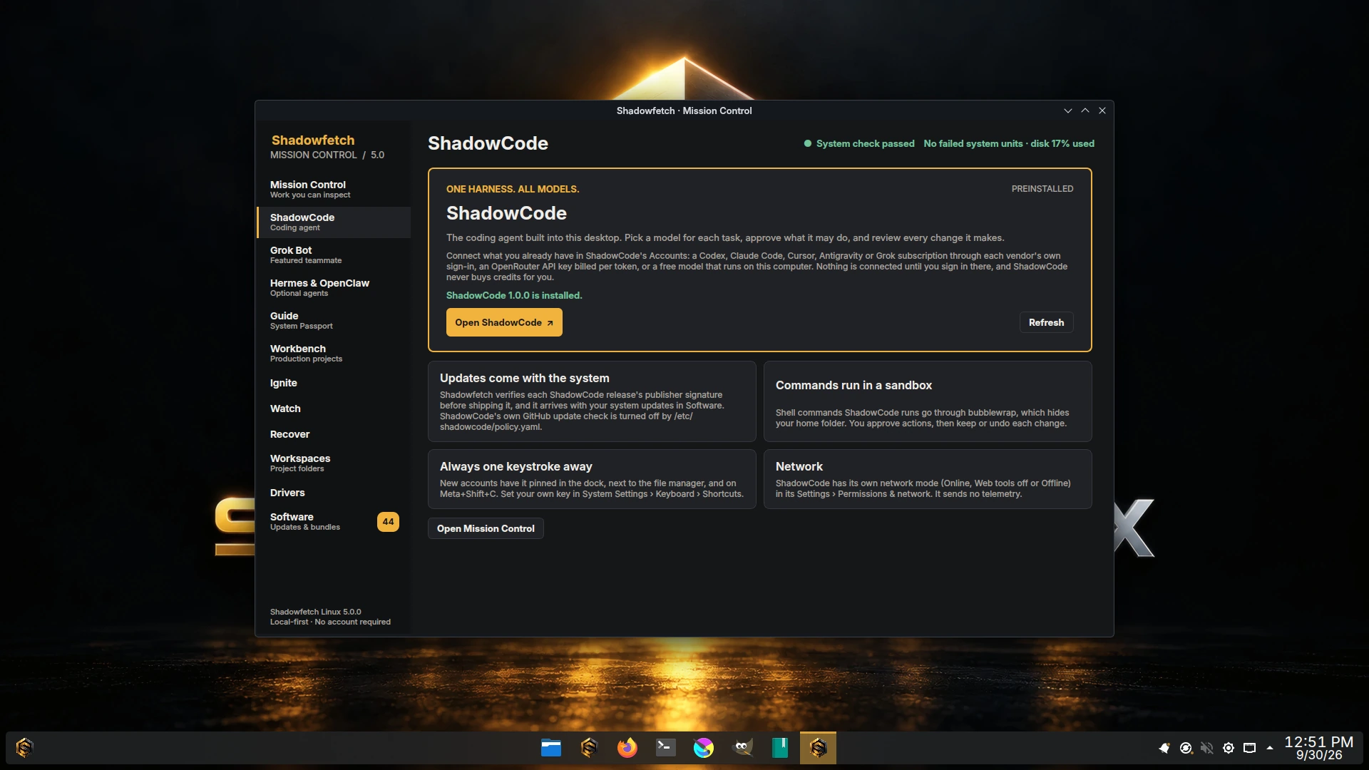 Mission Control ShadowCode page marked Preinstalled, reading ShadowCode 1.0.0 is installed, with an Open ShadowCode button and four explanatory cards.