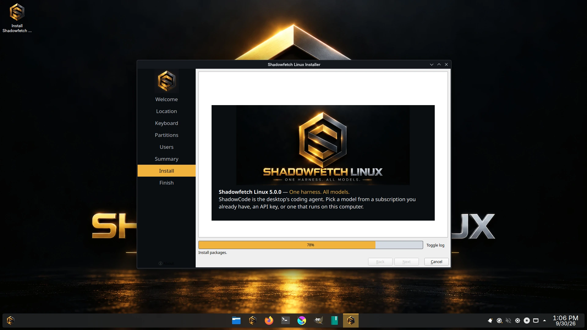Shadowfetch Linux Installer at the Install step, 78 percent, installing packages, showing a slide reading Shadowfetch Linux 5.0.0, One harness. All models.