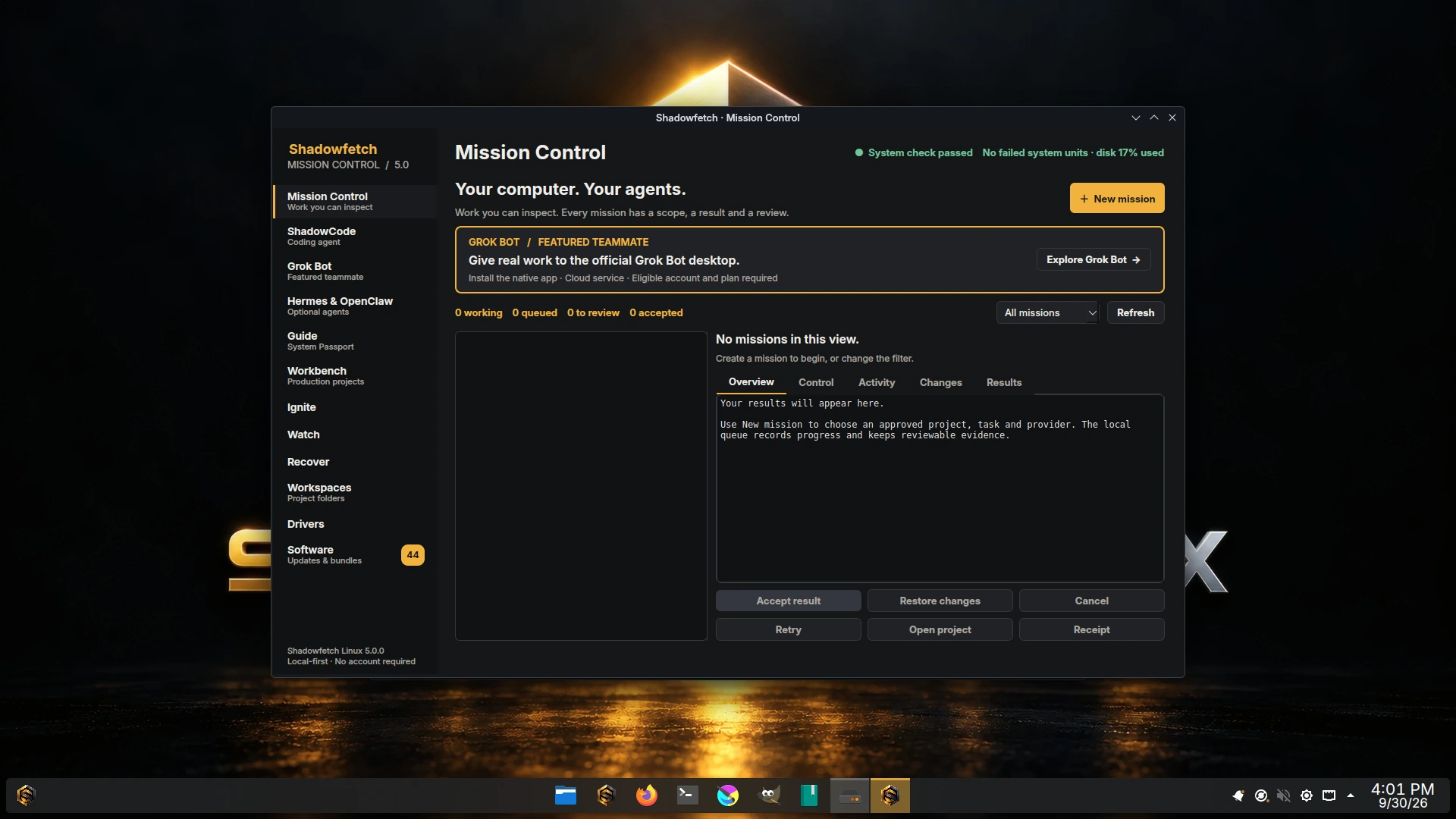 Shadowfetch Mission Control window titled Your computer. Your agents., with a New mission button, an empty mission list and a sidebar of pages where Software shows a gold badge reading 44.