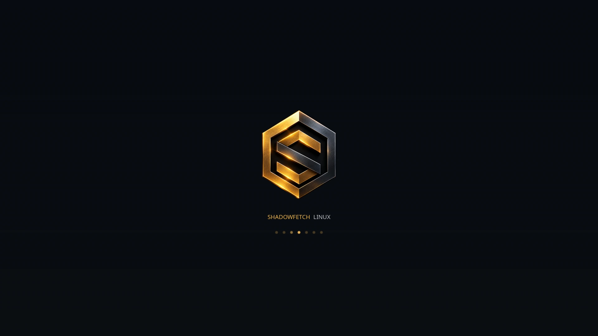 Boot splash: the gold and steel emblem above the words Shadowfetch Linux and a row of progress dots on black.
