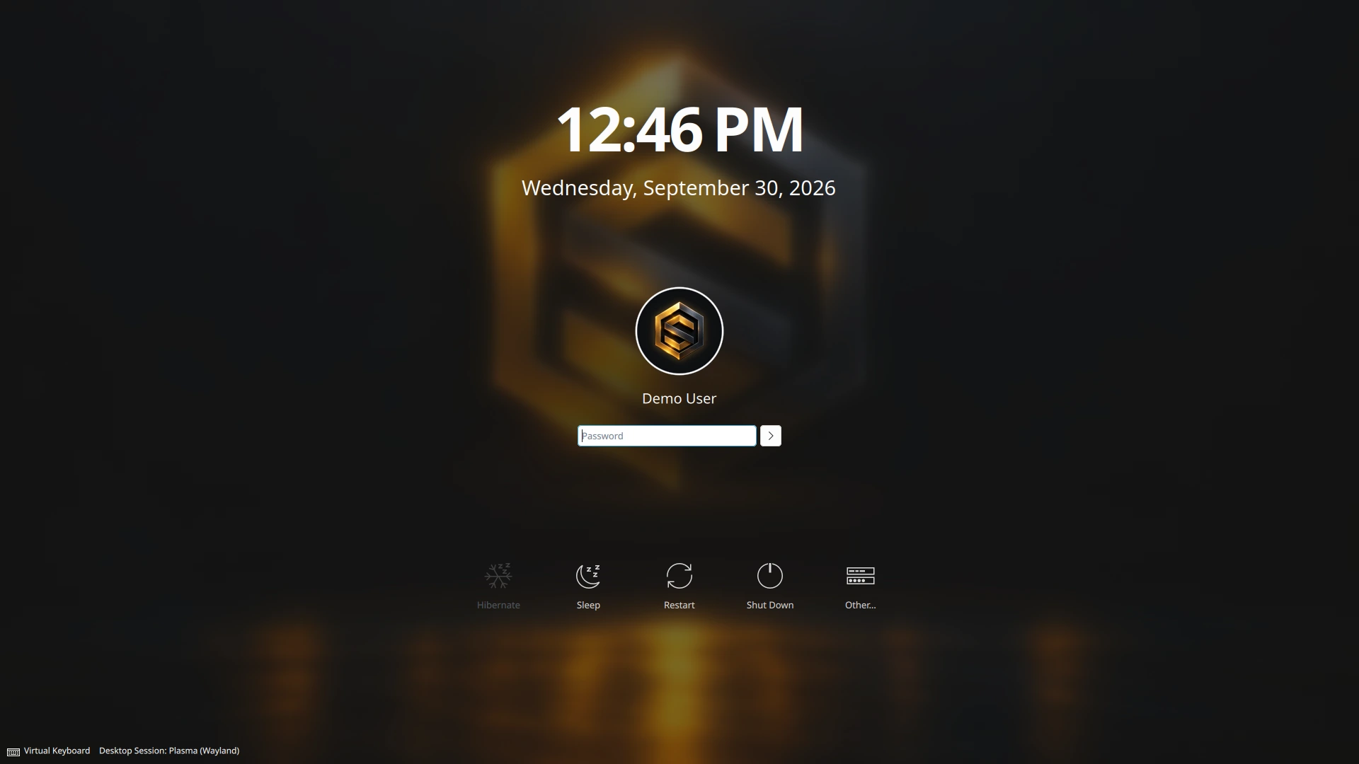 Shadowfetch Linux login screen with the time and date, a gold and steel emblem avatar for Demo User, a password field and power buttons.