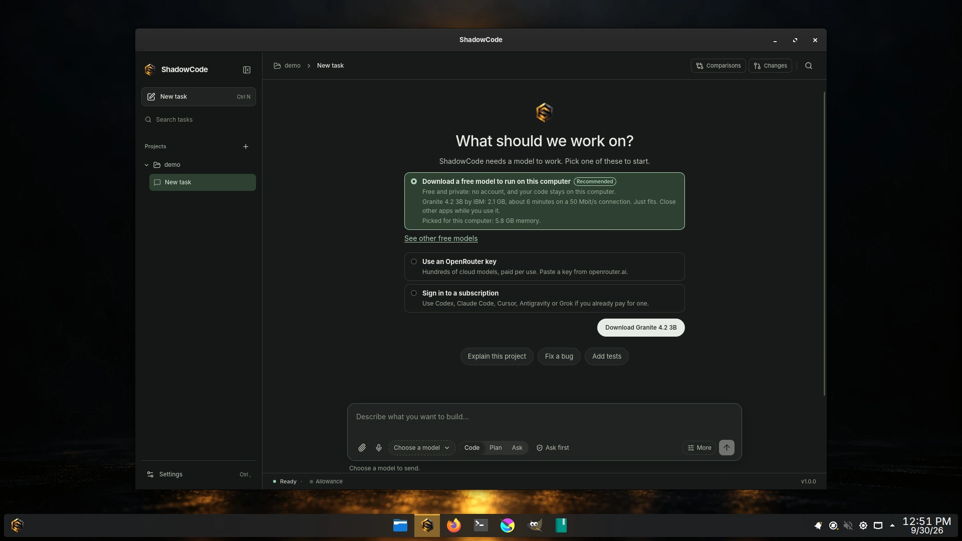 ShadowCode window asking What should we work on?, recommending a free Granite 4.2 3B model to download for this computer, with Use an OpenRouter key and Sign in to a subscription options and a Download Granite 4.2 3B button.